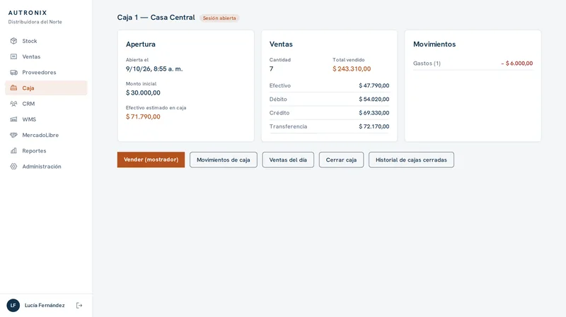 Caja abierta con ventas del día separadas por efectivo, débito, crédito y transferencia.
